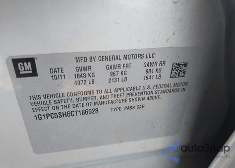 2012 Chevrolet Cruze Ls z USA, uszkodzony, nr VIN 1G1PC5SH6C7186928